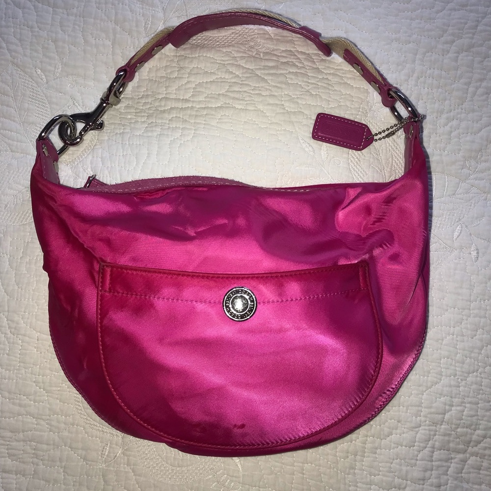 Bright pink Coach satin hobo bag - Picture 2 of 8